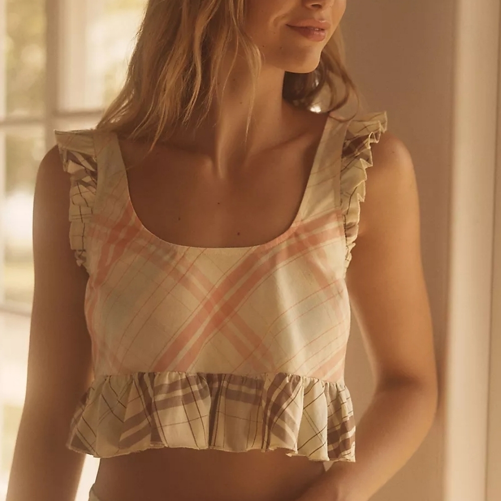 Anthropologie Peach and Mint Plaid Ruffle Top
